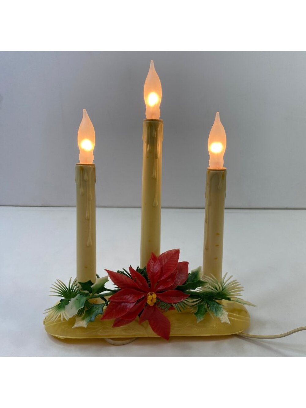 Vintage Electric 3-Light Yule Log Candle Christmas Decoration Poinsettia